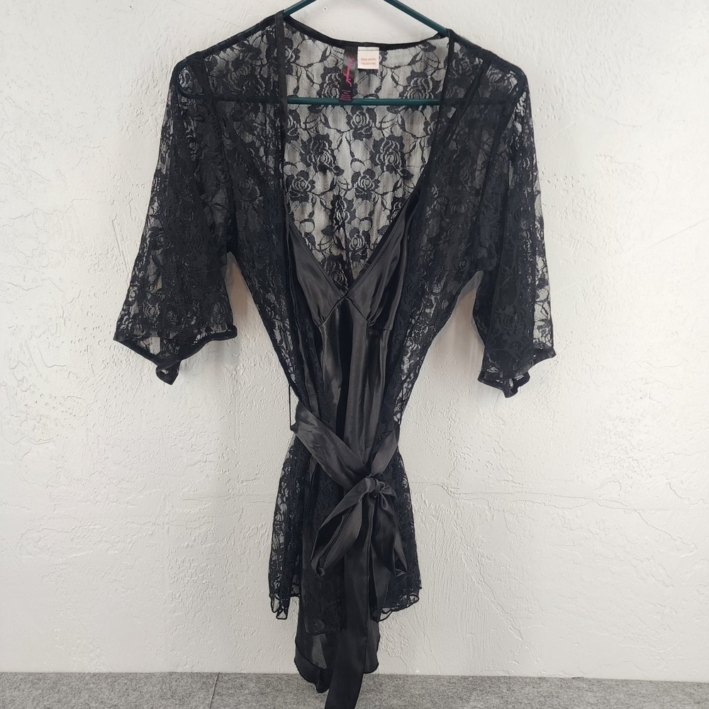 Dreamgirl Black Lace Floral Robe Satin Slip Lingerie Set Womens Small